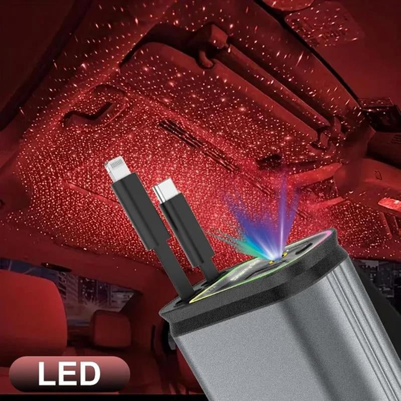 Starlight in Car Roof- 4 in 1 Retractable Car Charger, Fast Car Phone Charger with Starry Night Feature, Car Adapter with Retractable Cables and USB Type C Ports for Iphone 15/14/13/12, Galaxy (A)