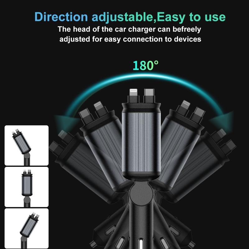 Starlight in Car Roof- 4 in 1 Retractable Car Charger, Fast Car Phone Charger with Starry Night Feature, Car Adapter with Retractable Cables and USB Type C Ports for Iphone 15/14/13/12, Galaxy (A)