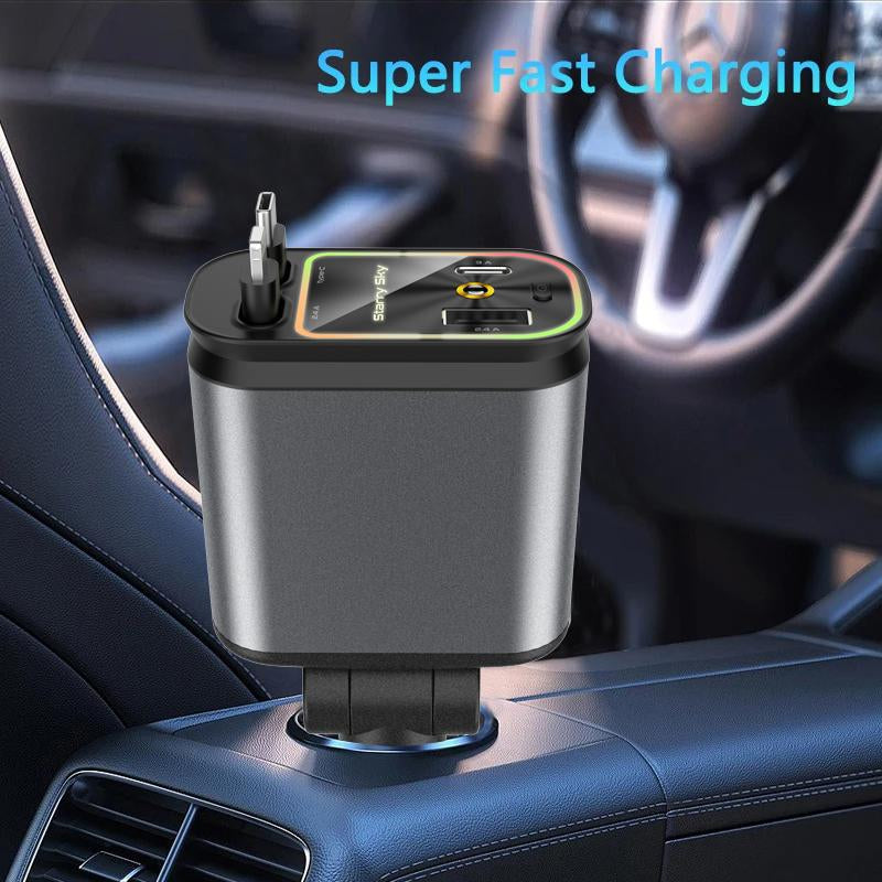 Starlight in Car Roof- 4 in 1 Retractable Car Charger, Fast Car Phone Charger with Starry Night Feature, Car Adapter with Retractable Cables and USB Type C Ports for Iphone 15/14/13/12, Galaxy (A)