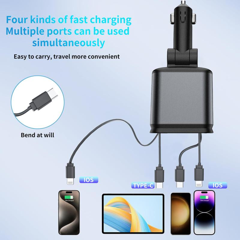 Starlight in Car Roof- 4 in 1 Retractable Car Charger, Fast Car Phone Charger with Starry Night Feature, Car Adapter with Retractable Cables and USB Type C Ports for Iphone 15/14/13/12, Galaxy (A)