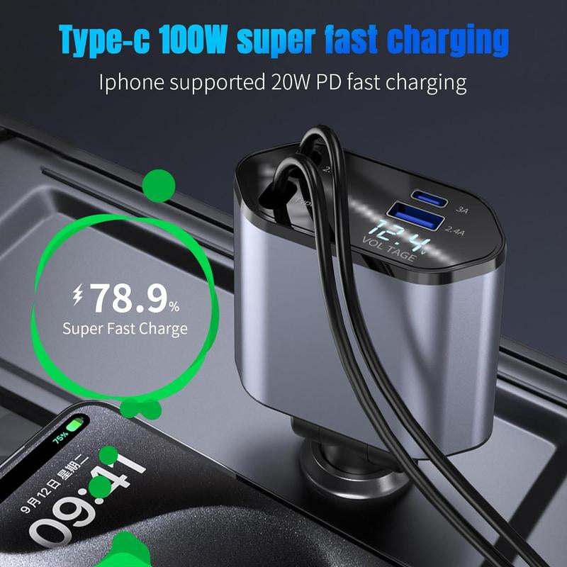 Starlight in Car Roof- 4 in 1 Retractable Car Charger, Fast Car Phone Charger with Starry Night Feature, Car Adapter with Retractable Cables and USB Type C Ports for Iphone 15/14/13/12, Galaxy (A)